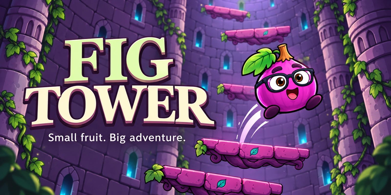 Fig Tower. Small fruit. Big adventure. A smiling purple fig leaps between magenta platforms inside a vine-covered tower.